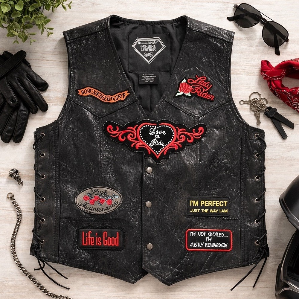 Diamond Plate Womens Black Leather Biker Vest Patches Lace Up Sides XL